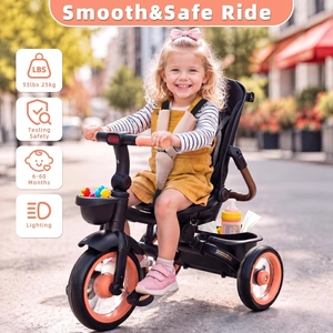 XJD 7‑in‑1 Tricycle Stroller, with Push Handle, Rotating Seat, UV‑Proof Canopy, Memory Cotton Cushion, Non‑Pneumatic Wheels, Headlights, Dual Brakes and Storage, Gift for Toddler 1‑5 Years Old(Pink)