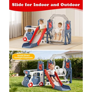 XJD Toddler Slide and Swing Set, Bus Themed Kids Slide for Toddlers Age 1+, Toddler Outdoor Indoor Playset (Blue Red)