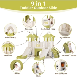 XJD 10 in 1 Toddler Slide, Jungle Double Slide Playset with Basketball Hoop | Tunnel and Storage Space, Outdoor Indoor Slide for Toddlers Age 1+,Tree House Design Toddlers Outdoor Indoor Playground