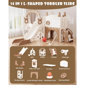 XJD 13-in-1 Toddler Slide and Swing Set, Kids Slide for Toddlers Age 1+, Toddler Outdoor Playset New Upgrade with Golf Set, Basketball Hoop, Drawing Board for Playground (Brown White)