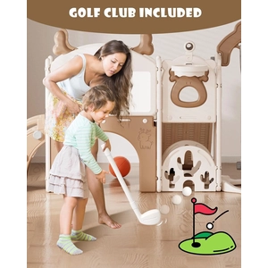XJD 13-in-1 Toddler Slide and Swing Set, Kids Slide for Toddlers Age 1+, Toddler Outdoor Playset New Upgrade with Golf Set, Basketball Hoop, Drawing Board for Playground (Brown White)