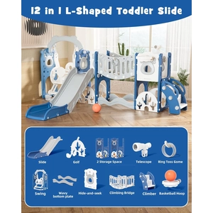XJD 12-in-1 Toddler Slide and Swing Set, Kids Slide for Toddlers Age 1+, Toddler Outdoor Playset New Upgrade with Golf Set, Basketball Hoop, Drawing Board for Playground (Blue)