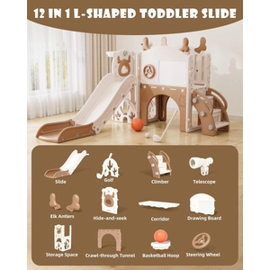 XJD Toddler Slide,12 in 1 Kids Slide for Toddlers 1-3, New Upgrade with Golf Set, Basketball Hoop, Drawing Board for Indoor Outdoor Playset,Toddler Playground (Brown)