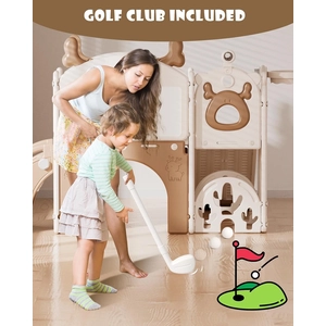 XJD Toddler Slide,12 in 1 Kids Slide for Toddlers 1-3, New Upgrade with Golf Set, Basketball Hoop, Drawing Board for Indoor Outdoor Playset,Toddler Playground (Brown)