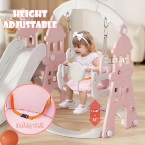 XJD 4-in-1 Toddler Slide and Swing Set, Kids Slide for Toddlers Age 1+, Toddler Outdoor Playset with Basketball Hoop, Swing, Outdoor Indoor Playground for Toddlers 1-3 (Pink)