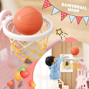 XJD 4-in-1 Toddler Slide and Swing Set, Kids Slide for Toddlers Age 1+, Toddler Outdoor Playset with Basketball Hoop, Swing, Outdoor Indoor Playground for Toddlers 1-3 (Pink)