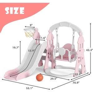 XJD 4-in-1 Toddler Slide and Swing Set, Kids Slide for Toddlers Age 1+, Toddler Outdoor Playset with Basketball Hoop, Swing, Outdoor Indoor Playground for Toddlers 1-3 (Pink)