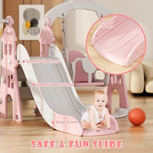 XJD 4-in-1 Toddler Slide and Swing Set, Kids Slide for Toddlers Age 1+, Toddler Outdoor Playset with Basketball Hoop, Swing, Outdoor Indoor Playground for Toddlers 1-3 (Pink)