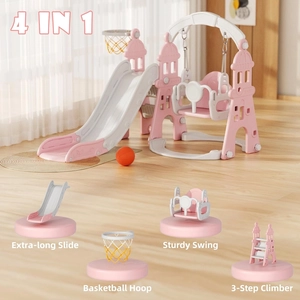 XJD 4-in-1 Toddler Slide and Swing Set, Kids Slide for Toddlers Age 1+, Toddler Outdoor Playset with Basketball Hoop, Swing, Outdoor Indoor Playground for Toddlers 1-3 (Pink)