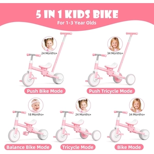 XJD Toddler Tricycle for 1-3 Year Olds, 5-in-1 Toddler Balance Bike, Adjustable Push Handle, Adjustable Seat & Removable Pedal, Birthday Gift Toy for Boys and Girls(Pink)