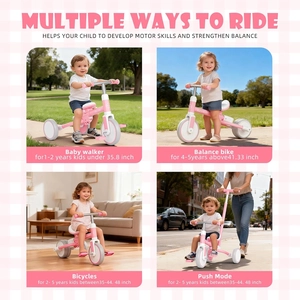 XJD Toddler Tricycle for 1-3 Year Olds, 5-in-1 Toddler Balance Bike, Adjustable Push Handle, Adjustable Seat & Removable Pedal, Birthday Gift Toy for Boys and Girls(Pink)