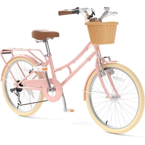 XJD 20 24 26 Inch Girls Bike, 7-Speed Beach Cruiser Bike for Girls Youth and Over 6 Years Old, Kids Bicycles with Dual V-Brakes Rear Rack & Wicker Basket