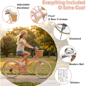 XJD 20 24 26 Inch Girls Bike, 7-Speed Beach Cruiser Bike for Girls Youth and Over 6 Years Old, Kids Bicycles with Dual V-Brakes Rear Rack & Wicker Basket