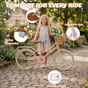 XJD 20 24 26 Inch Girls Bike, 7-Speed Beach Cruiser Bike for Girls Youth and Over 6 Years Old, Kids Bicycles with Dual V-Brakes Rear Rack & Wicker Basket