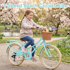 XJD 20 24 26 Inch Girls Bike, 7-Speed Beach Cruiser Bike for Girls Youth and Over 6 Years Old, Kids Bicycles with Dual V-Brakes Rear Rack & Wicker Basket