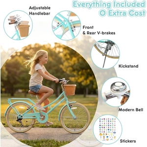 XJD 20 24 26 Inch Girls Bike, 7-Speed Beach Cruiser Bike for Girls Youth and Over 6 Years Old, Kids Bicycles with Dual V-Brakes Rear Rack & Wicker Basket