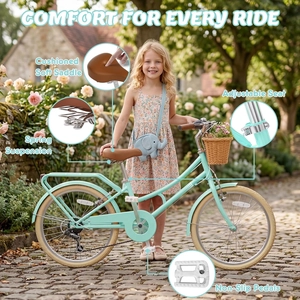 XJD 20 24 26 Inch Girls Bike, 7-Speed Beach Cruiser Bike for Girls Youth and Over 6 Years Old, Kids Bicycles with Dual V-Brakes Rear Rack & Wicker Basket