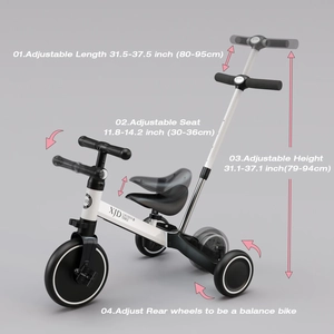 XJD 7-in-1 Kids Tricycle with Push Bar White