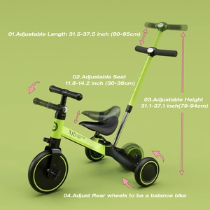 XJD 7-in-1 Kids Tricycle with Push Bar Green