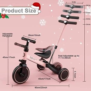 XJD 7-in-1 Kids Tricycle with Push Bar Pink