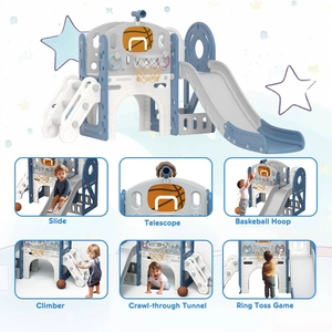 XJD 8-in-1 Kids Slide with Climber with Basketball Hoop Blue Grey