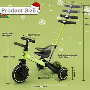 XJD 7-in-1 Kids Tricycle with Push Bar Green