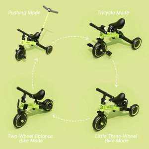 XJD 7-in-1 Kids Tricycle with Push Bar Green