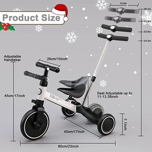 XJD 7-in-1 Kids Tricycle with Push Bar White