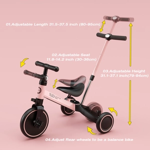 XJD 7-in-1 Kids Tricycle with Push Bar Pink