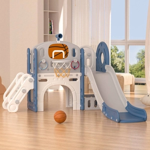 XJD 8-in-1 Kids Slide with Climber with Basketball Hoop Blue Grey