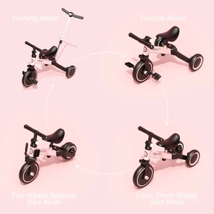XJD 7-in-1 Kids Tricycle with Push Bar Pink